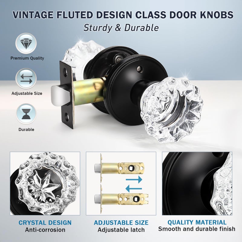 KNOBWELL Privacy Glass Door Knob Crystal Regency Fluted Door Knobset with Victorian Rosette in Matte Black, Bedroom Bathroom Door Knobs - Image 5